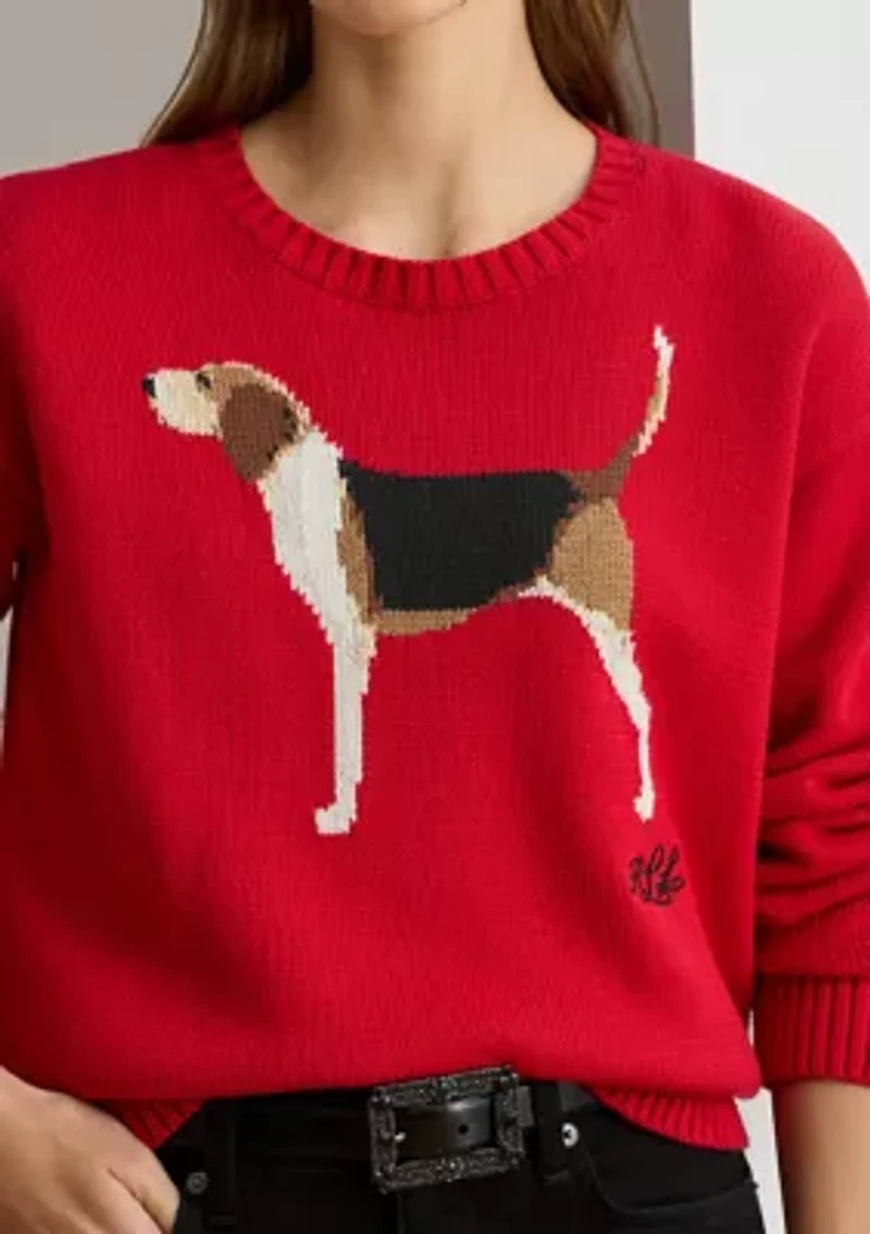 Petite Intarsia-Knit Foxhound Cotton Sweater