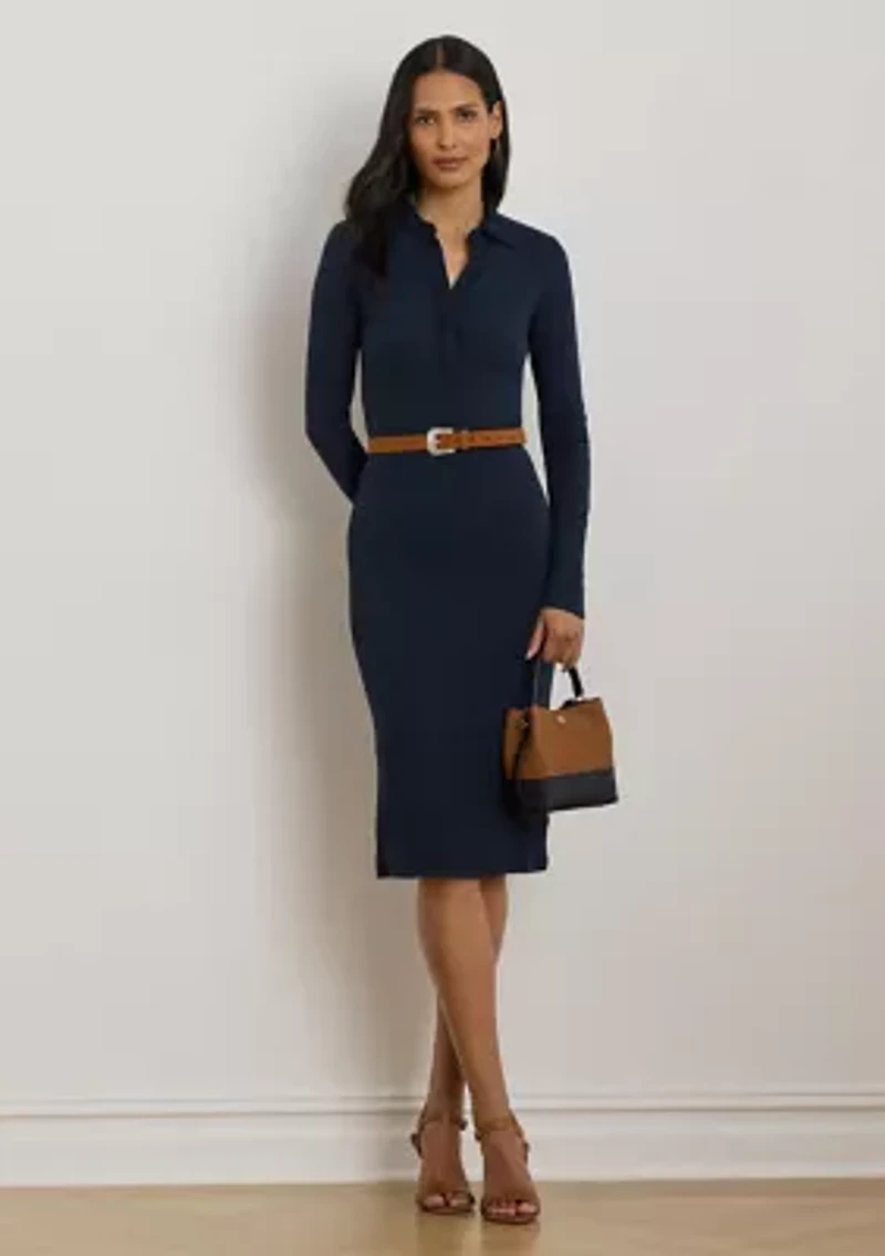 Petite Rib-Knit Cotton-Blend Polo Dress