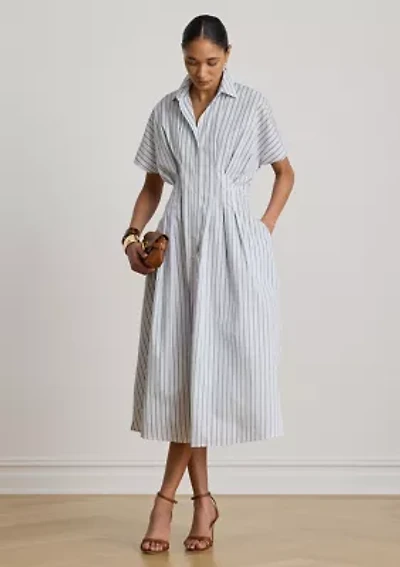 Petite Striped Pleated Broadcloth Shirtdress
