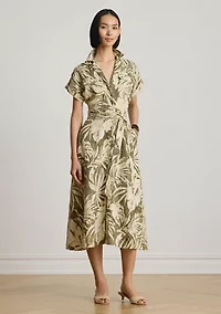 Petite Palm Frond Print Linen Camp Shirtdress