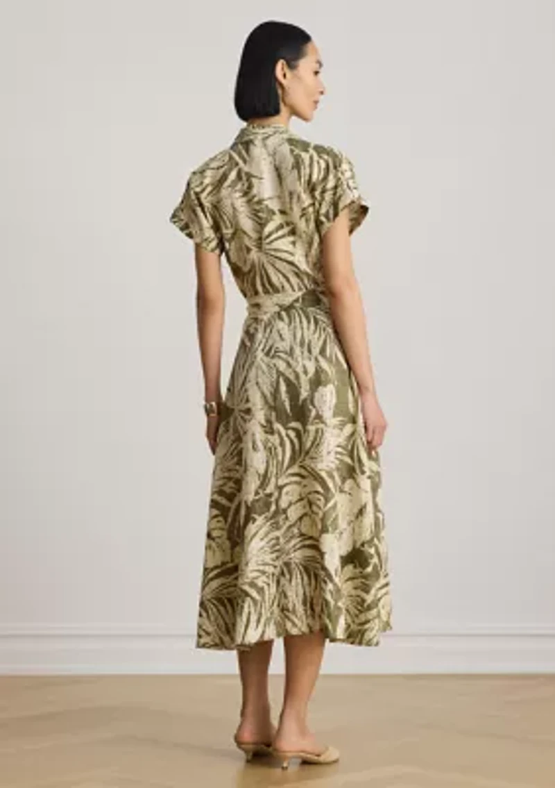 Petite Palm Frond Print Linen Camp Shirtdress