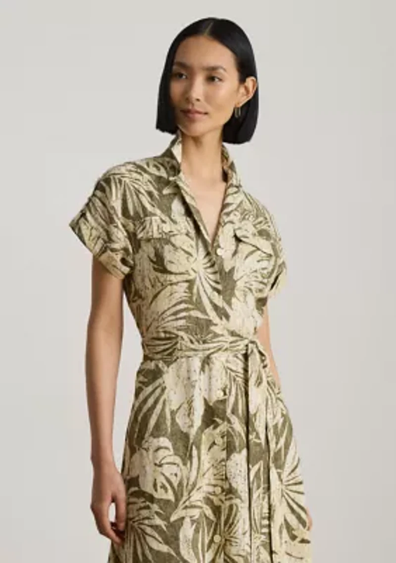 Petite Palm Frond Print Linen Camp Shirtdress