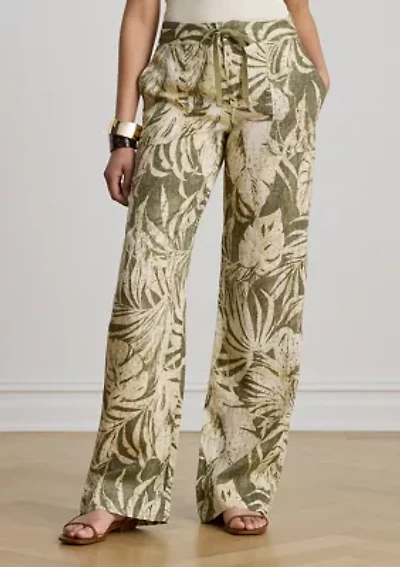 Petite Palm Frond Print Linen Wide Leg Pants