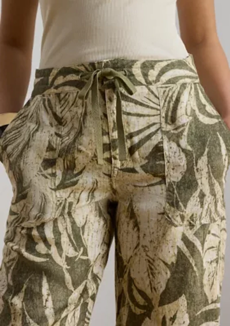 Petite Palm Frond Print Linen Wide Leg Pants