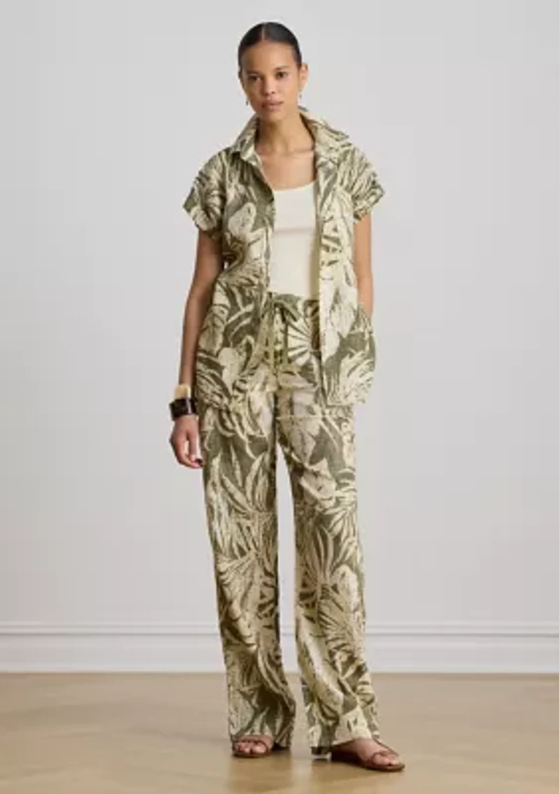 Petite Palm Frond Print Linen Wide Leg Pants