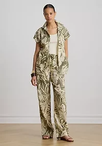 Petite Palm Frond Print Linen Wide Leg Pants
