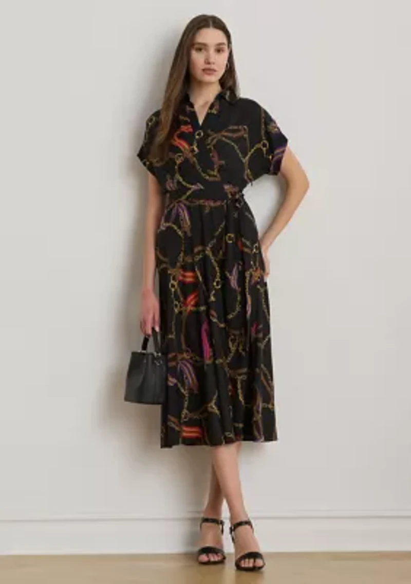 Petite Belting-Print Belted Crepe Dress