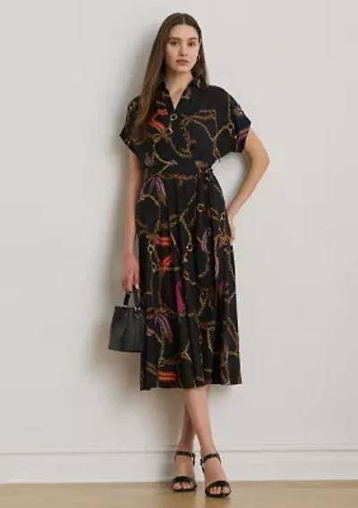 Petite Belting-Print Belted Crepe Dress