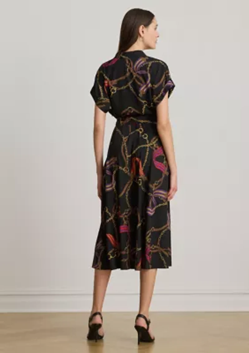 Petite Belting-Print Belted Crepe Dress