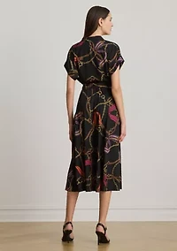 Petite Belting-Print Belted Crepe Dress