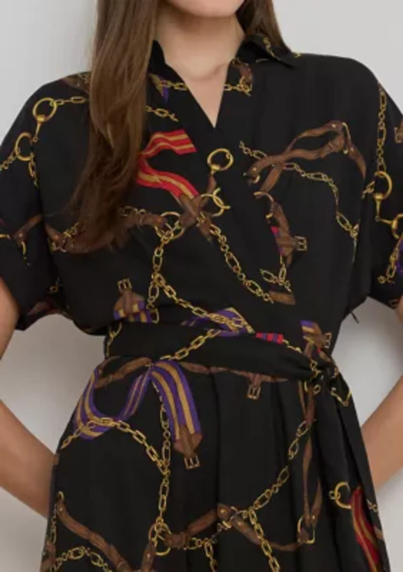 Petite Belting-Print Belted Crepe Dress