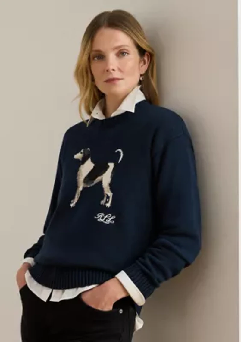 Petite Intarsia-Knit Dog Cotton Sweater