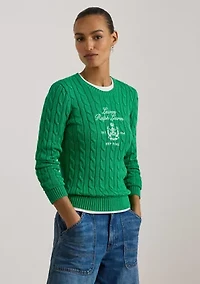 Petite Embroidered-Crest Cable-Knit Sweater