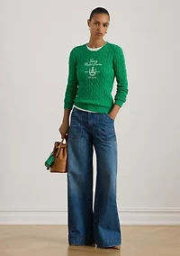 Petite Embroidered-Crest Cable-Knit Sweater