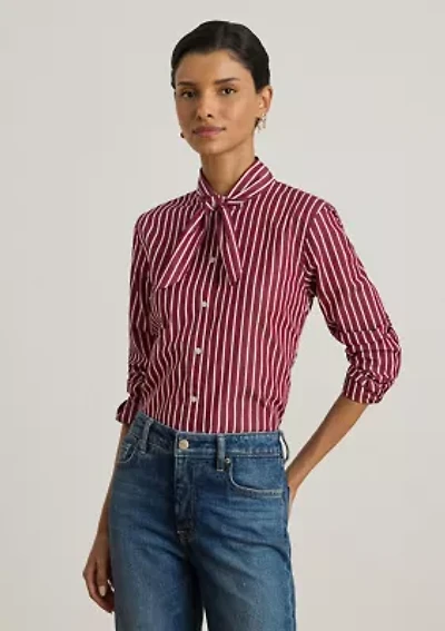 Petite Striped Cotton Broadcloth Tie-Neck Shirt