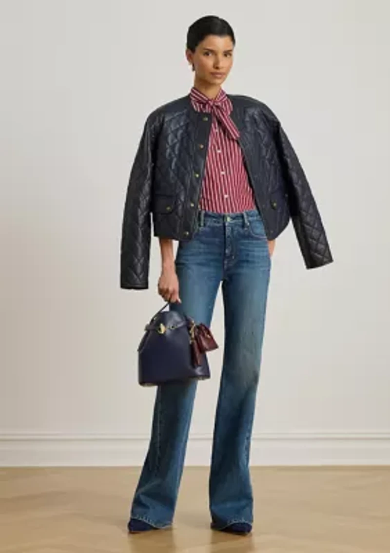 Petite Striped Cotton Broadcloth Tie-Neck Shirt