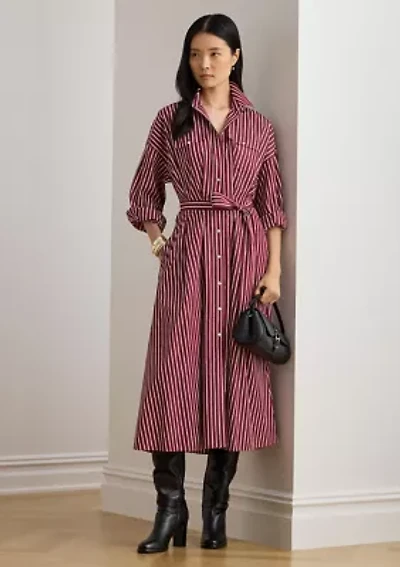 Petite Striped Belted Broadcloth Shirtdress