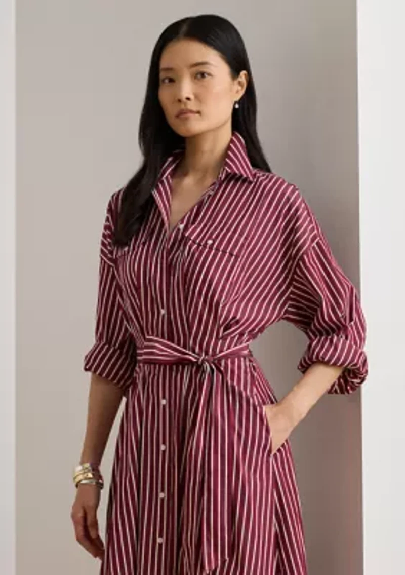 Petite Striped Belted Broadcloth Shirtdress
