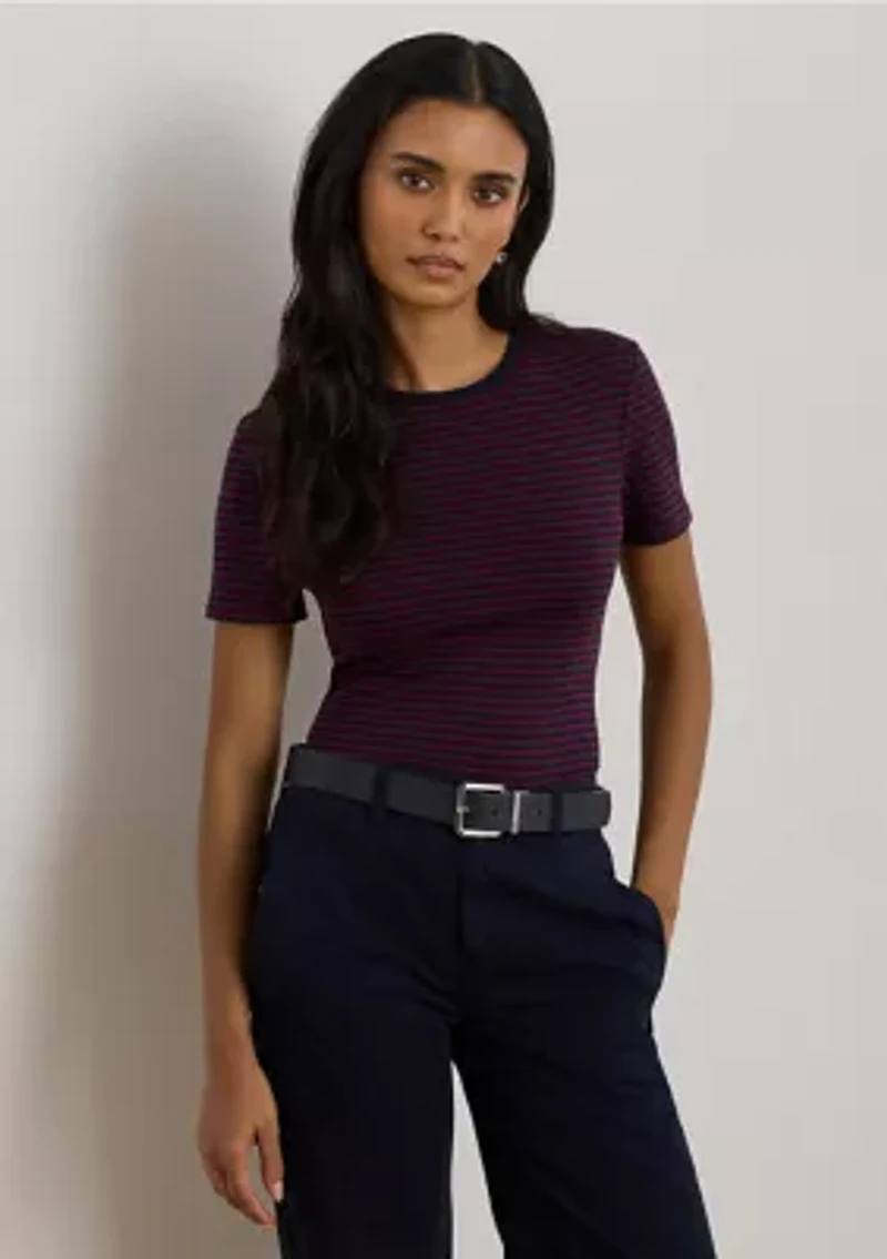 Petite Striped Stretch Cotton Crewneck Tee