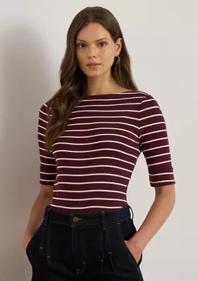 Petite Striped Stretch Cotton Boat Neck T-Shirt
