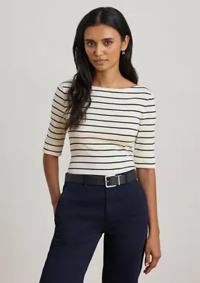 Petite Striped Stretch Cotton Boat Neck T-Shirt