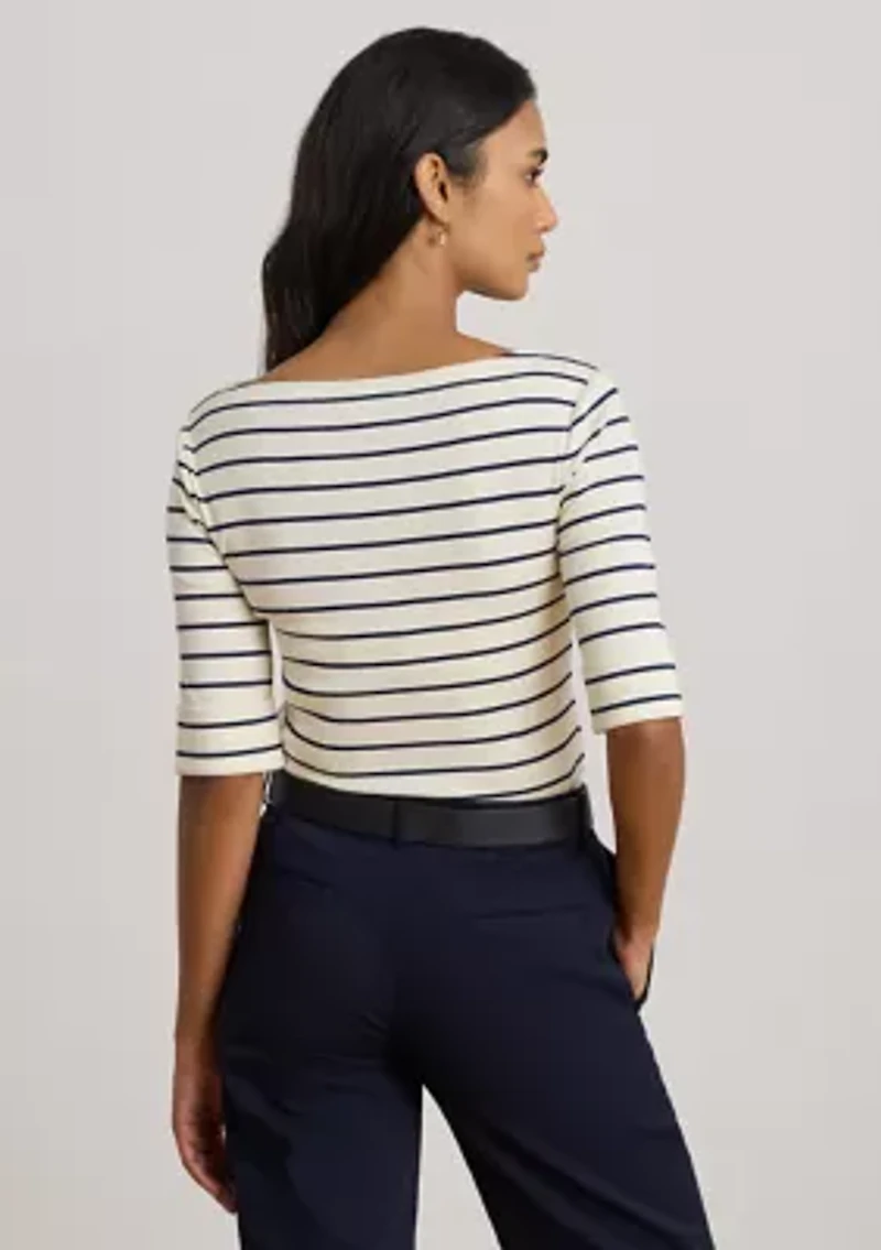 Petite Striped Stretch Cotton Boat Neck T-Shirt