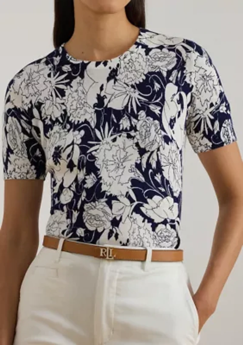 Petite Floral Cotton-Blend Short-Sleeve Sweater
