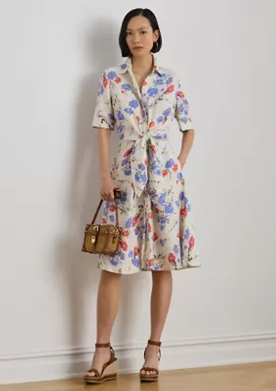 Petite Floral Tie-Front Linen Shirtdress