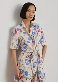 Petite Floral Tie-Front Linen Shirtdress