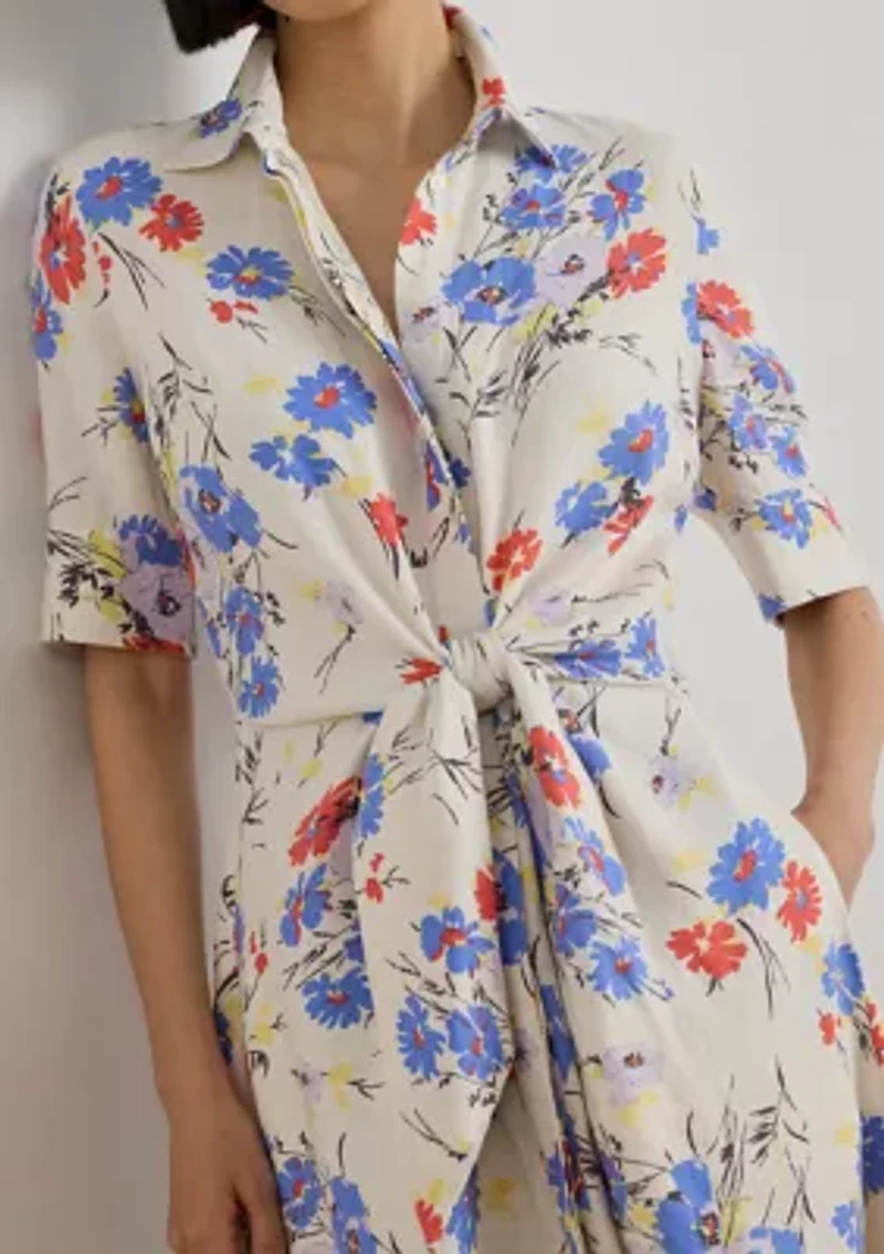 Petite Floral Tie-Front Linen Shirtdress