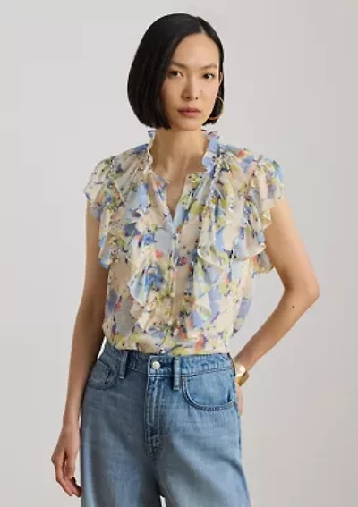 Petite Floral Ruffle-Trim Georgette Shirt