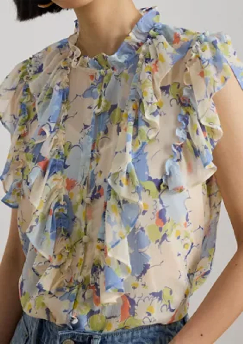 Petite Floral Ruffle-Trim Georgette Shirt