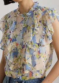 Petite Floral Ruffle-Trim Georgette Shirt