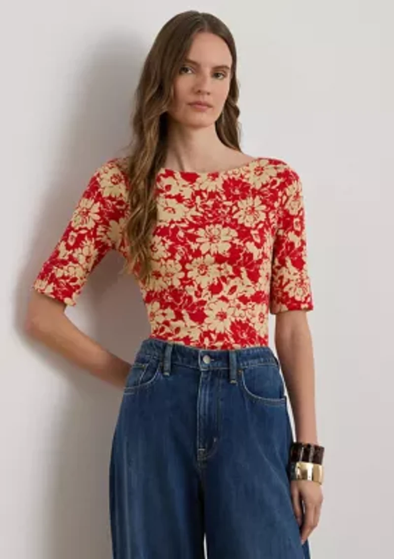 Petite Floral Stretch Cotton Boatneck T-Shirt