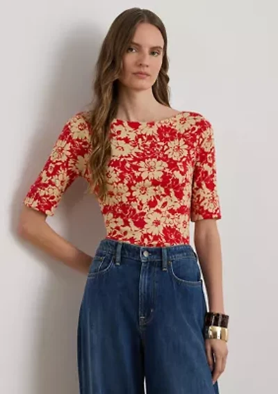 Petite Floral Stretch Cotton Boatneck T-Shirt