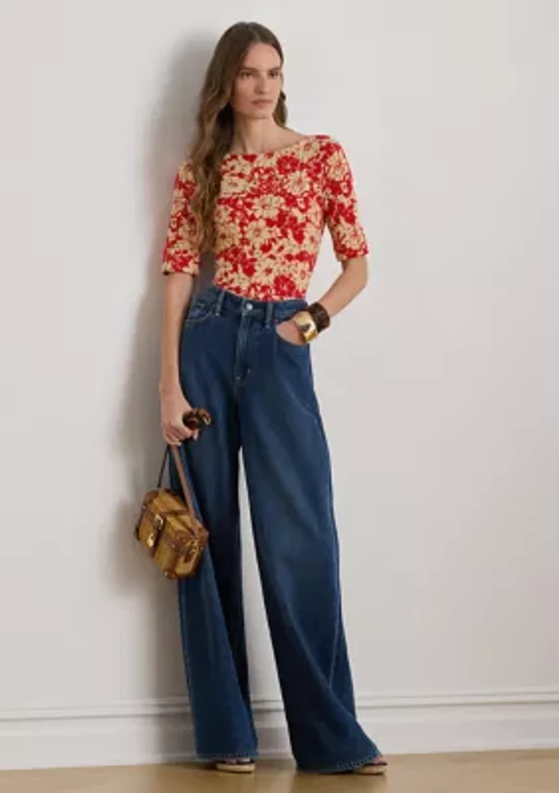 Petite Floral Stretch Cotton Boatneck T-Shirt