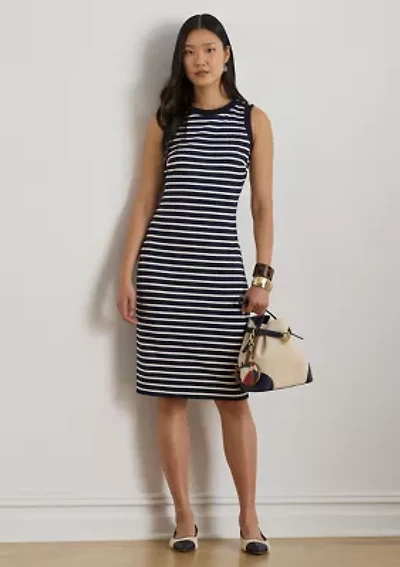 Petite Striped Snap-Trim Ponte Sheath Dress