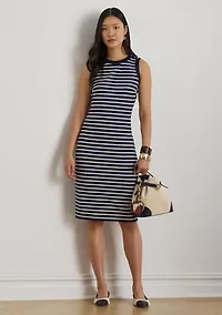 Petite Striped Snap-Trim Ponte Sheath Dress
