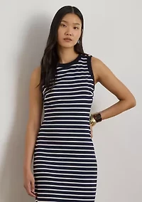 Petite Striped Snap-Trim Ponte Sheath Dress