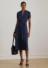 Petite Polka-Dot Belted Crepe Dress