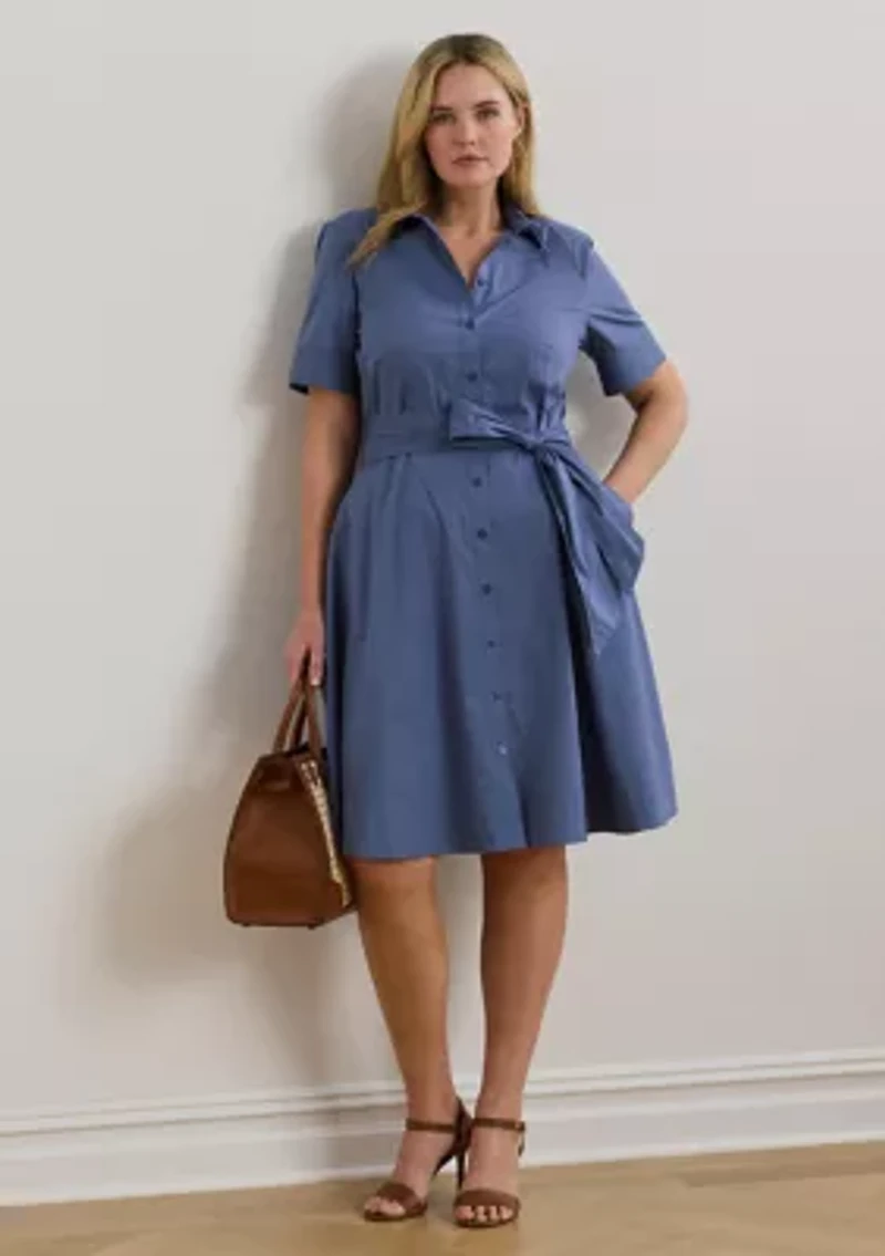 Plus Belted Cotton-Blend Shirtdress