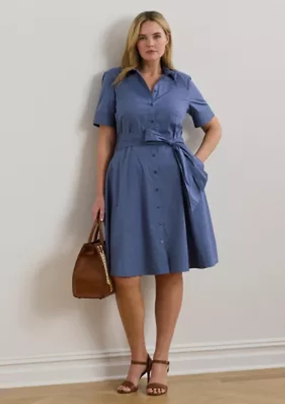 Plus Belted Cotton-Blend Shirtdress