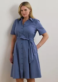 Plus Belted Cotton-Blend Shirtdress