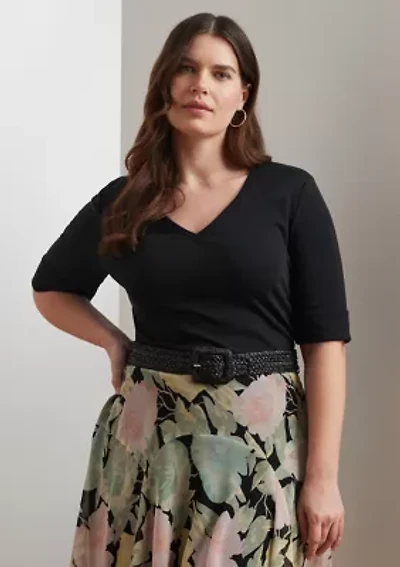 Plus Stretch Cotton Elbow Sleeve V-Neck T-Shirt