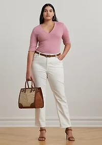 Plus Stretch Cotton Elbow Sleeve V-Neck T-Shirt