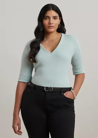 Plus Stretch Cotton Elbow Sleeve V-Neck T-Shirt