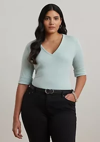 Plus Stretch Cotton Elbow Sleeve V-Neck T-Shirt