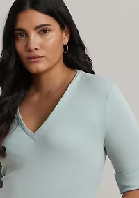 Plus Stretch Cotton Elbow Sleeve V-Neck T-Shirt