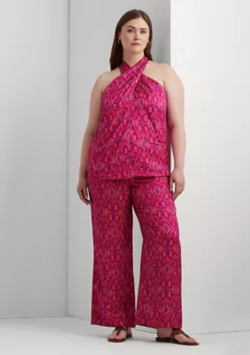 Plus-Size Geo-Print Satin Shantung Wide-Leg Pants