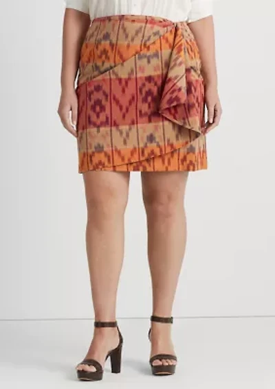 Plus-Size Geo-Motif Cotton-Linen Wrap Skirt